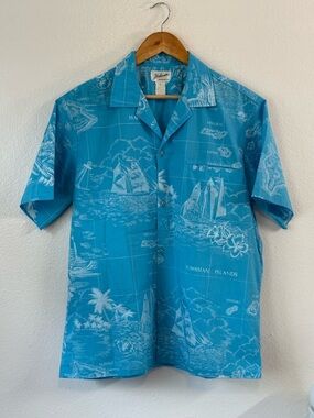 HELENAs Vintage Hawaiian Islands Shirt Blue White Ships Floral Mens Size L Coast